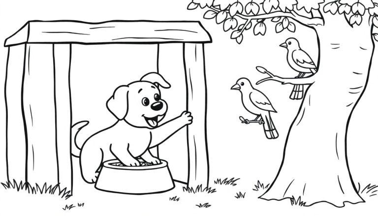 Een vrolijke jonge hond zwaait met één poot in zijn hondenhok, naast een boom met vogels op takken. Het lijkt een vrolijke kleurplaat voor kinderen.