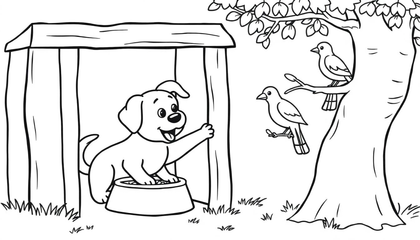 Een vrolijke jonge hond zwaait met één poot in zijn hondenhok, naast een boom met vogels op takken. Het lijkt een vrolijke kleurplaat voor kinderen.