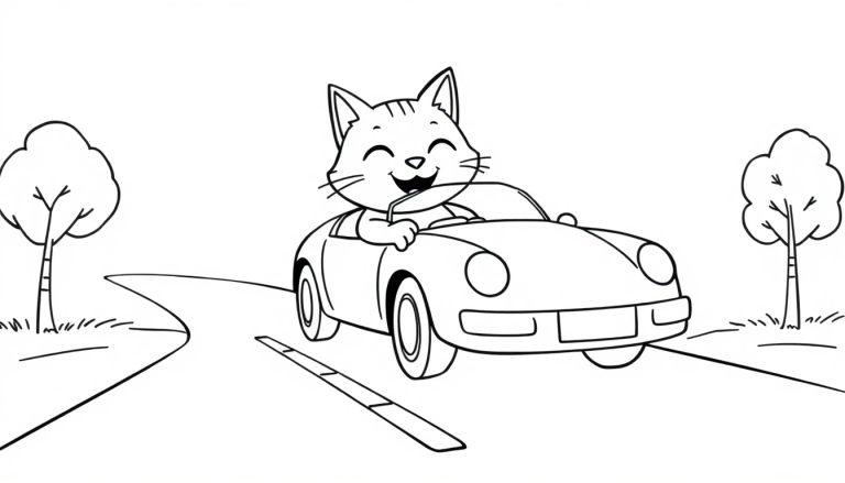 Een kleurplaat van een lachende kat die in een cabriolet auto rijdt, omringd door bomen langs een bochtige weg.