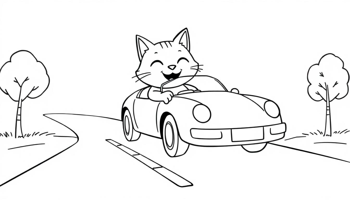 Een kleurplaat van een lachende kat die in een cabriolet auto rijdt, omringd door bomen langs een bochtige weg.