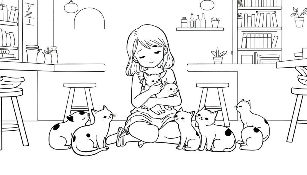 Kleurplaat van een jong meisje dat met kittens knuffelt in een kattencafé