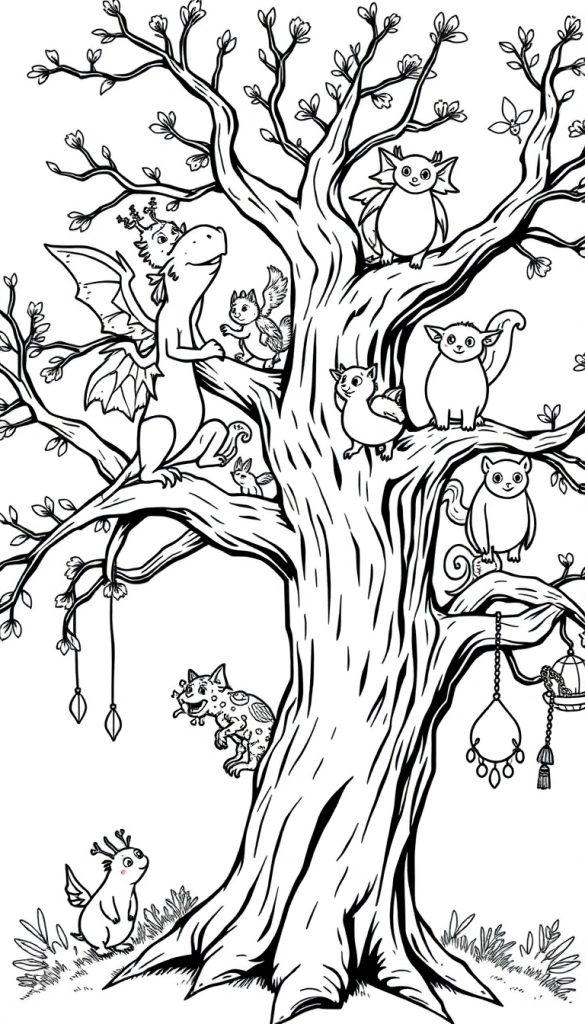 Kleurplaat van een magische wonderboom vol fantasieachtige beestjes en sprookjesachtige details, perfect om in te kleuren.