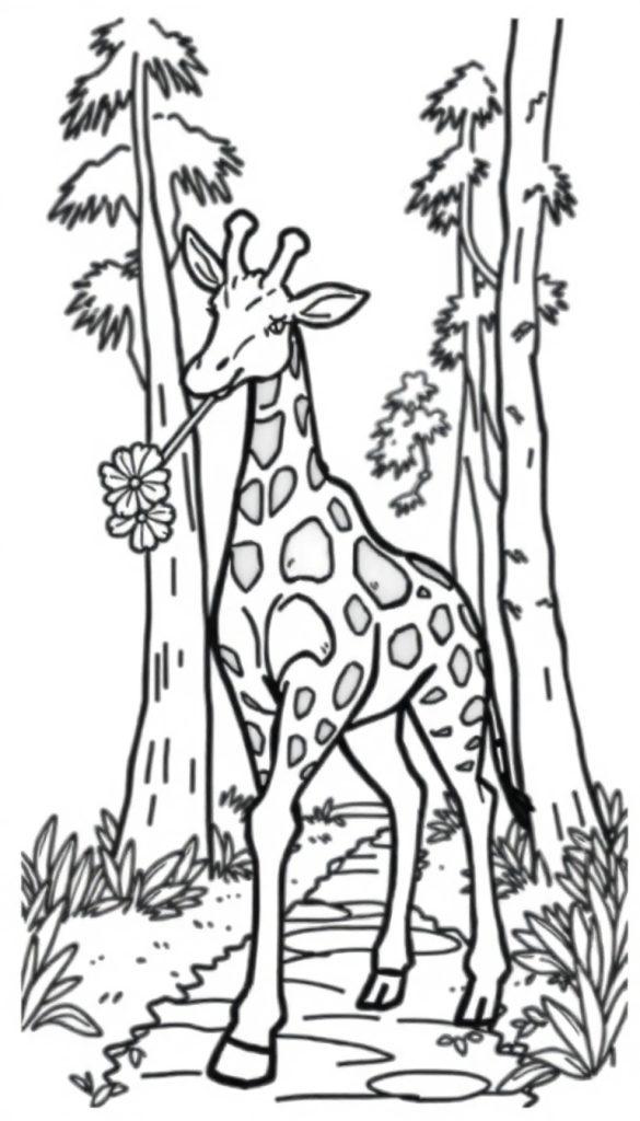 Kleurplaat van een giraffe met een bloem in de mond in een bosrijke omgeving