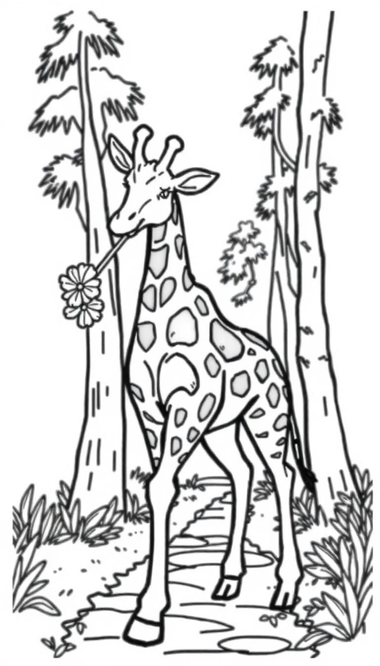 Kleurplaat van een giraffe met een bloem in de mond in een bosrijke omgeving