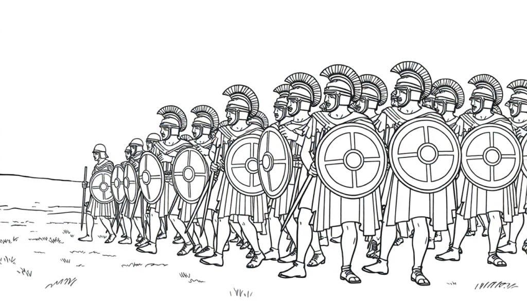 Kleurplaat van een Romeins leger met soldaten in line, met helmen, schilden en speren.