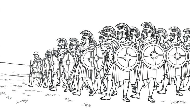 Kleurplaat van een Romeins leger met soldaten in line, met helmen, schilden en speren.