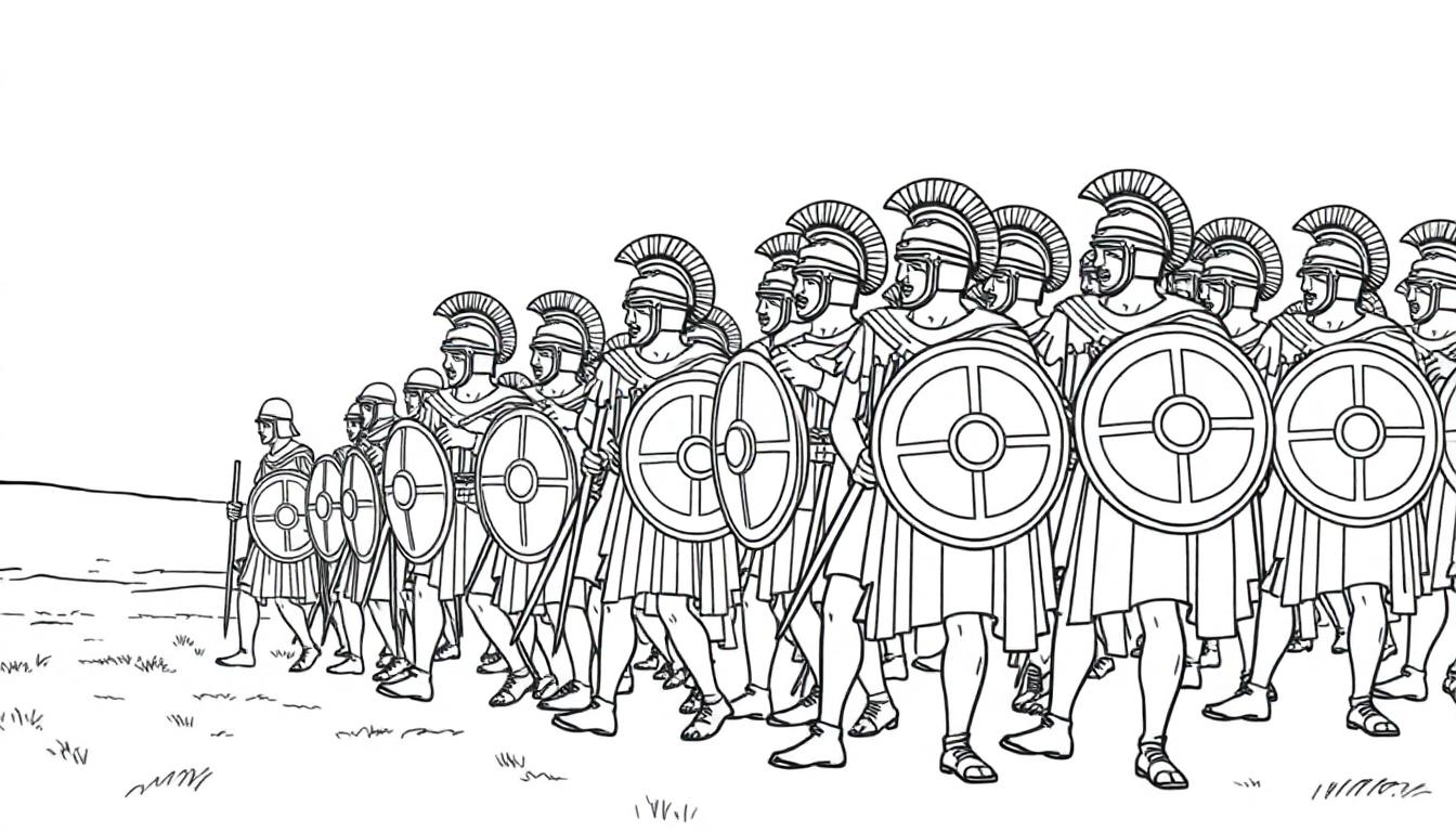 Kleurplaat van een Romeins leger met soldaten in line, met helmen, schilden en speren.