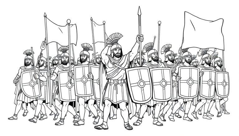 Kleurplaat van een groep Romeinse soldaten klaar voor de strijd.