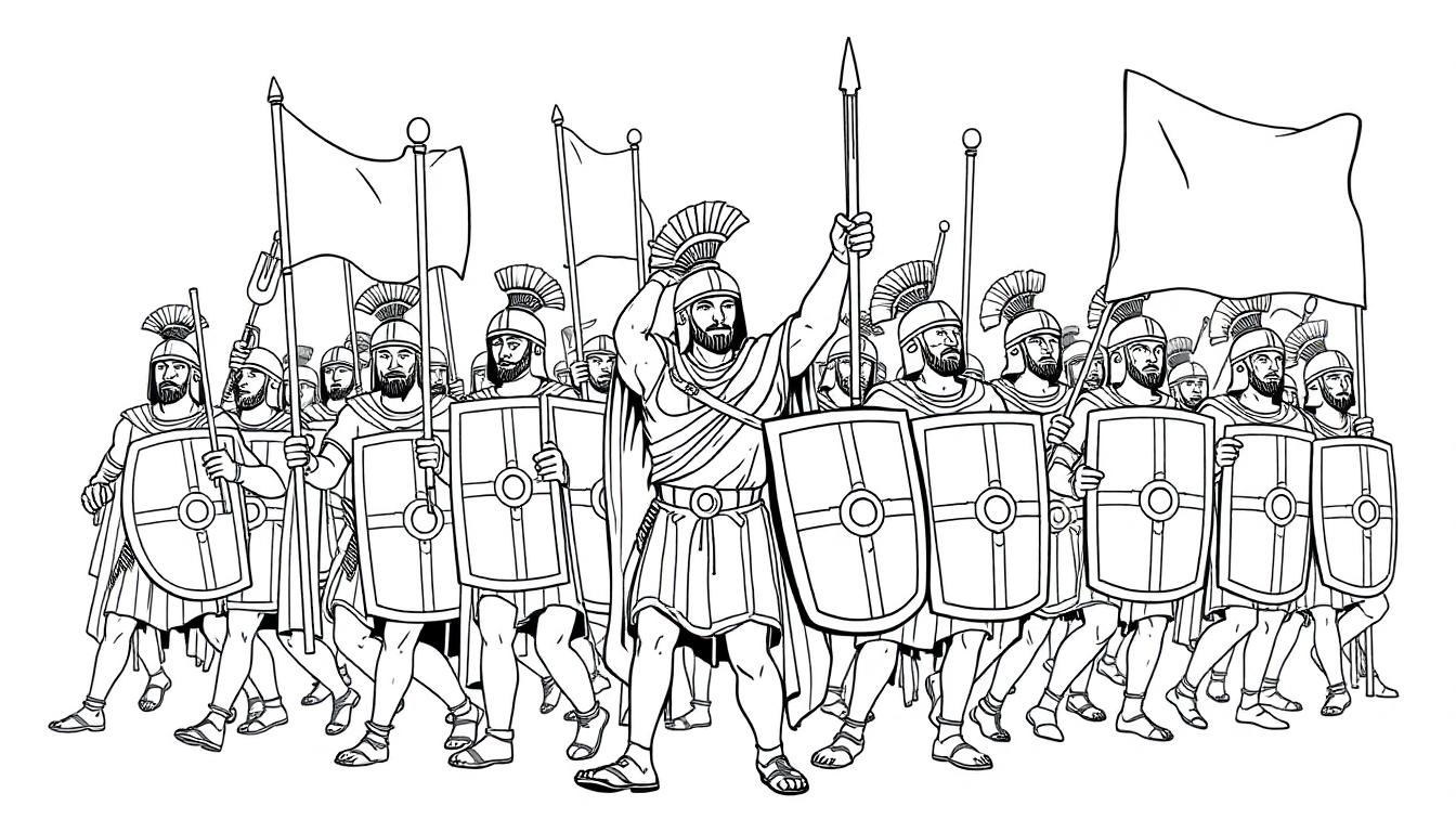 Kleurplaat van een groep Romeinse soldaten klaar voor de strijd.