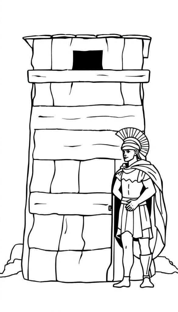 Kleurplaat van een wachttoren en een Romeinse soldaat aan de ingang.