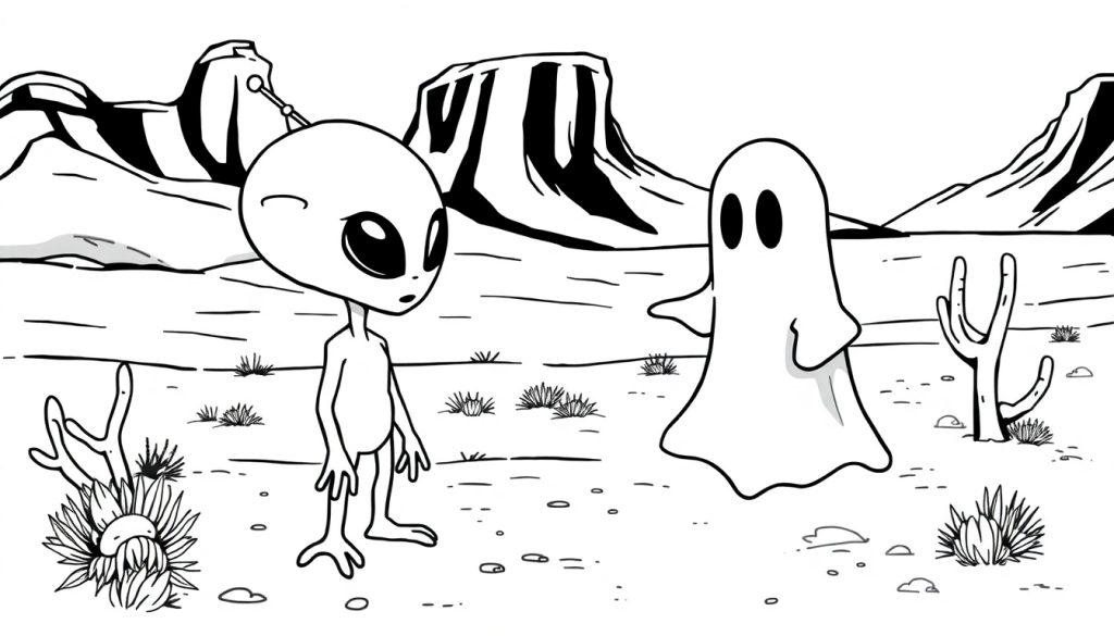 Kleurplaat van een cartoon alien en spook die samen in een woestijn met cactus en heuvels ontmoeten, in zwart-wit zodat kinderen kunnen kleuren.