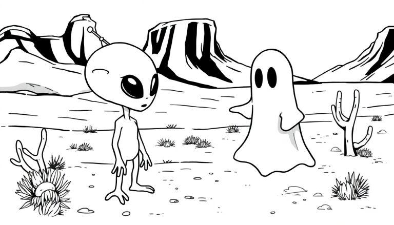 Kleurplaat van een cartoon alien en spook die samen in een woestijn met cactus en heuvels ontmoeten, in zwart-wit zodat kinderen kunnen kleuren.