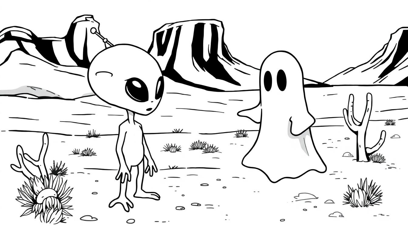Kleurplaat van een cartoon alien en spook die samen in een woestijn met cactus en heuvels ontmoeten, in zwart-wit zodat kinderen kunnen kleuren.