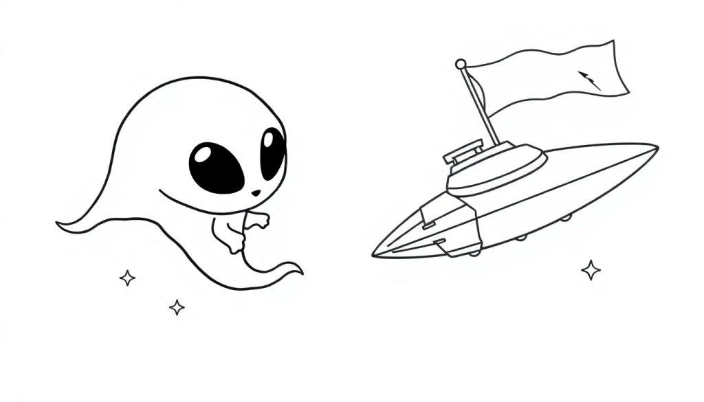 Kleurplaat van een schattige cartoonachtige alien met grote ogen en een rond hoofd, zwevend naast een ruimteschip met een vlag, omringd door sterretjes.