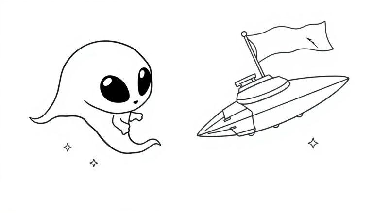 Kleurplaat van een schattige cartoonachtige alien met grote ogen en een rond hoofd, zwevend naast een ruimteschip met een vlag, omringd door sterretjes.
