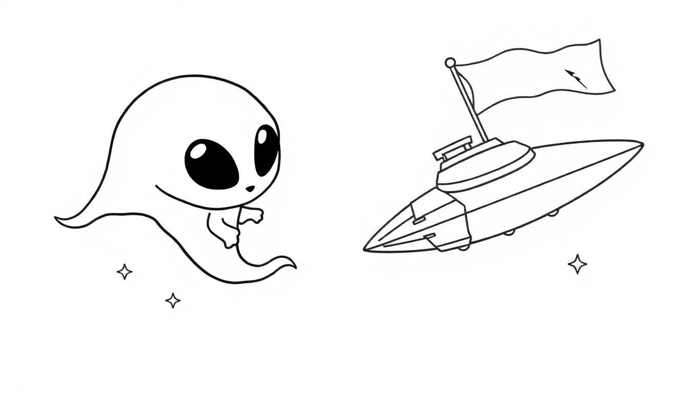 Kleurplaat van een schattige cartoonachtige alien met grote ogen en een rond hoofd, zwevend naast een ruimteschip met een vlag, omringd door sterretjes.
