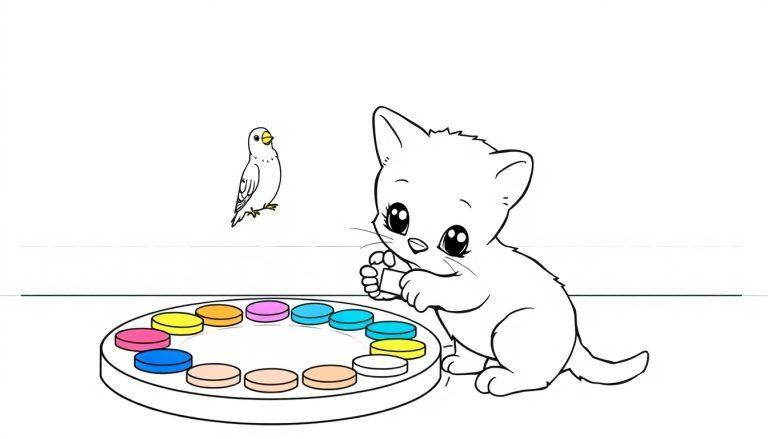 Een schattige zwart-wit kleurplaat met een kat die vasthoudt en een parkiet die erbij zit, met een rond kleurenpalet op de voorgrond.