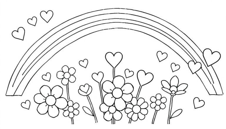 Een eenvoudige kleurplaat van bloemen, een regenboog met vier bogen en hartjes eromheen, bedoeld om in te kleuren.