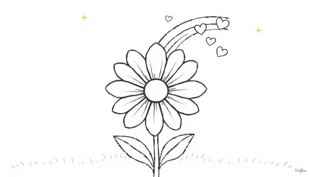Kleurplaat van een vrolijke bloem met een regenboog, hartjes, en kleine sterretjes