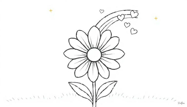 Kleurplaat van een vrolijke bloem met een regenboog, hartjes, en kleine sterretjes