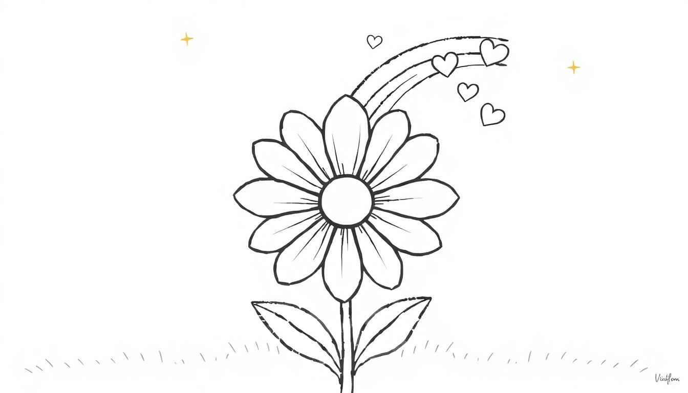Kleurplaat van een vrolijke bloem met een regenboog, hartjes, en kleine sterretjes