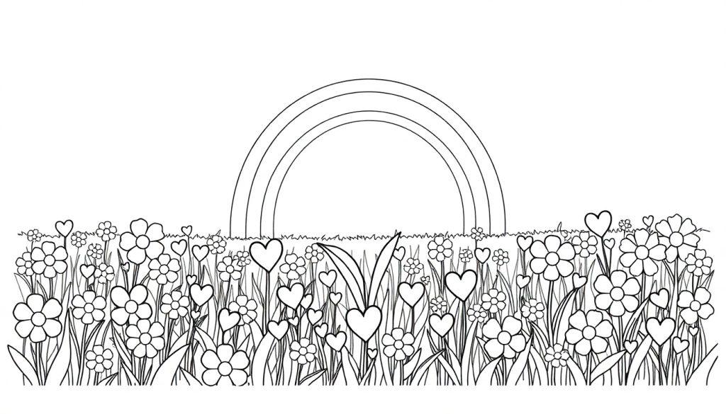Kleurplaat van een bloemenveld met een regenboog en hartekeningen, klaar om in te kleuren.