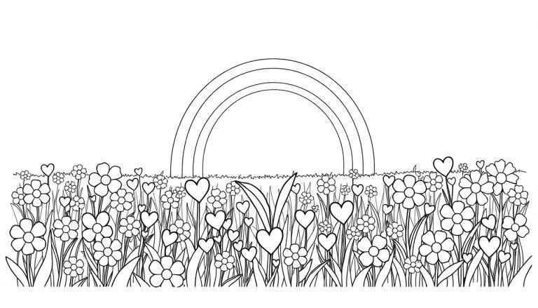 Kleurplaat van een bloemenveld met een regenboog en hartekeningen, klaar om in te kleuren.