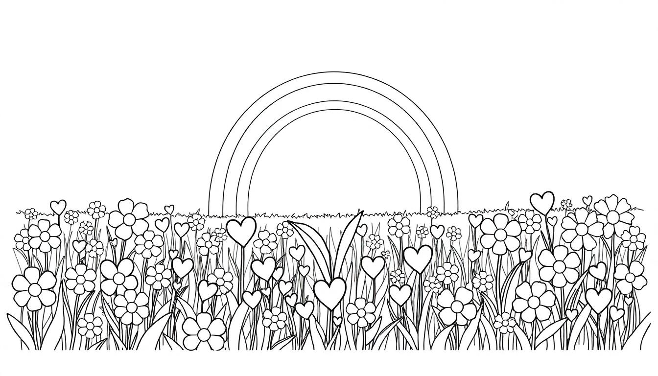 Kleurplaat van een bloemenveld met een regenboog en hartekeningen, klaar om in te kleuren.