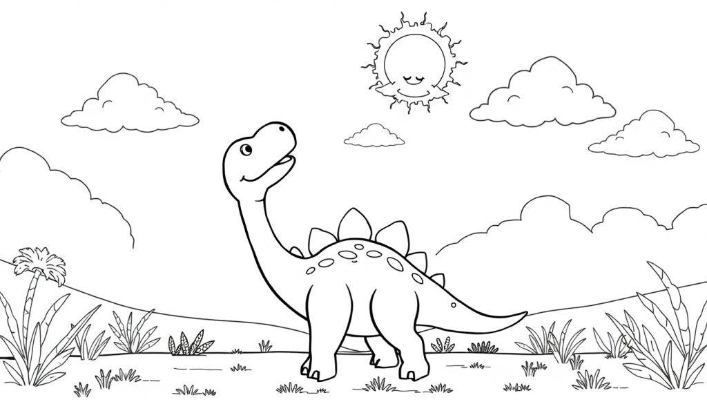 Kleurplaat van een vrolijke dinosaurus met een lachende zon, omgeven door gras, planten en palmbomen