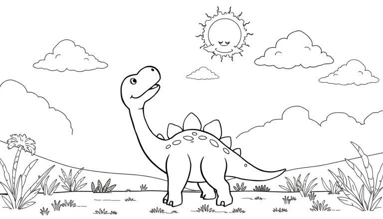 Kleurplaat van een vrolijke dinosaurus met een lachende zon, omgeven door gras, planten en palmbomen