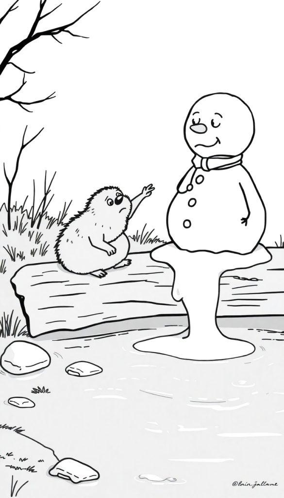 Kleurplaat van een smeltende sneeuwpop met een mol naast haar die zich zorgen maakt