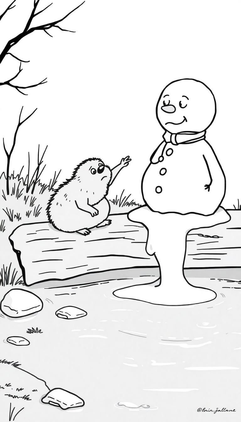 Kleurplaat van een smeltende sneeuwpop met een mol naast haar die zich zorgen maakt