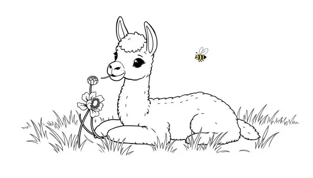 Kleurenplaat van een liggende lama in het gras met een bloem en een bij die vliegt, perfect voor kinderen om te kleuren.