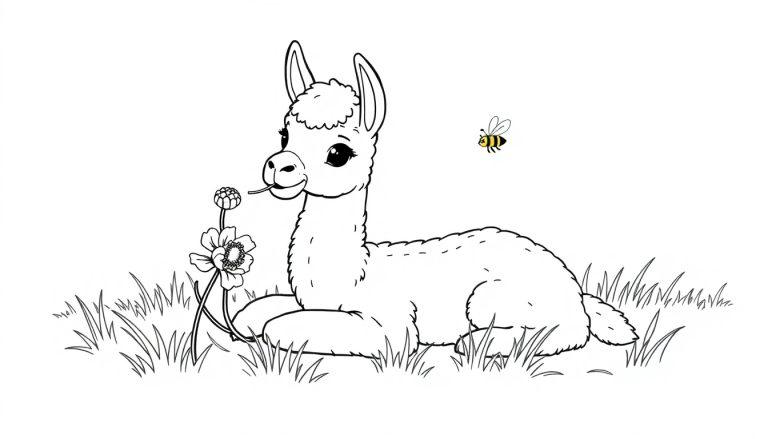 Kleurenplaat van een liggende lama in het gras met een bloem en een bij die vliegt, perfect voor kinderen om te kleuren.