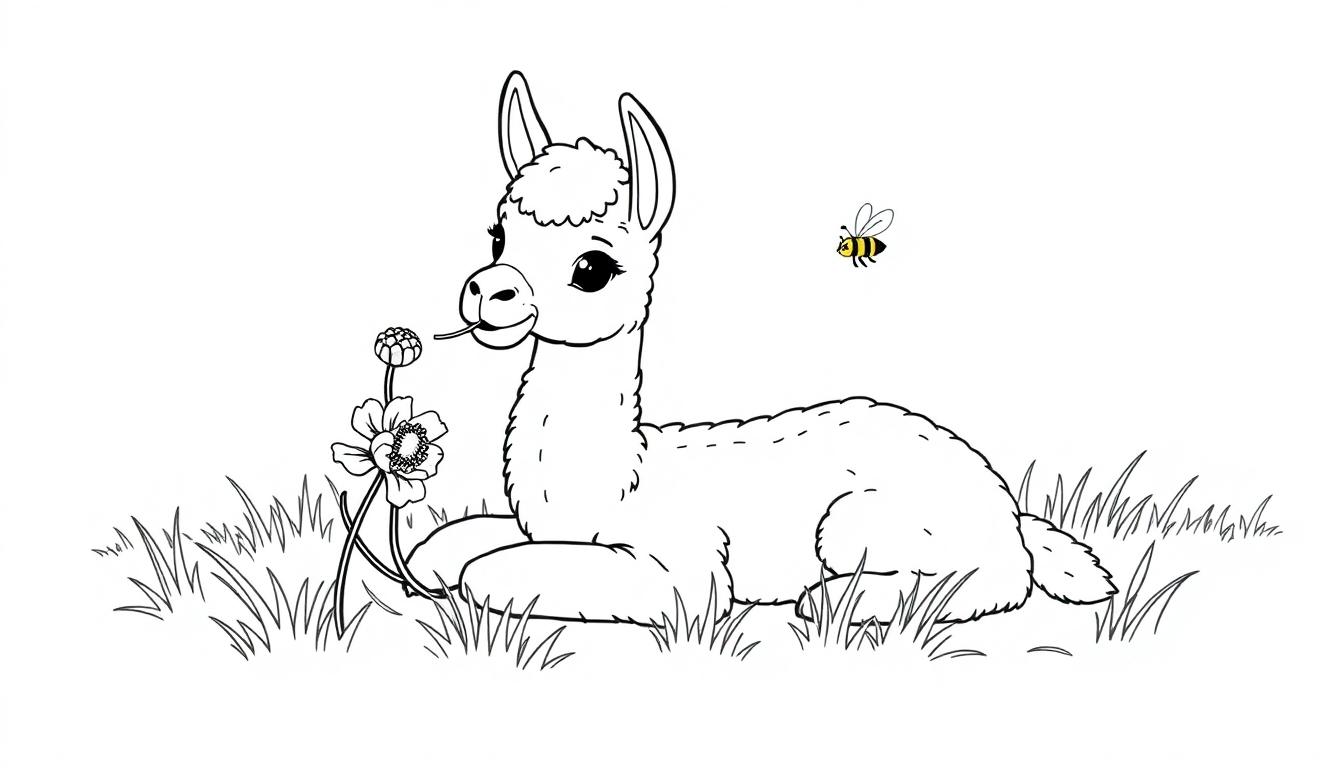 Kleurenplaat van een liggende lama in het gras met een bloem en een bij die vliegt, perfect voor kinderen om te kleuren.