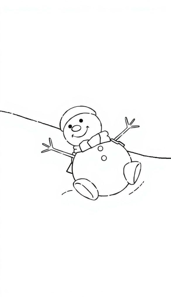 Kleurplaat van een lachende sneeuwpop die van een berg afrolt met zijn hoofd los, getekend in zwart-wit.