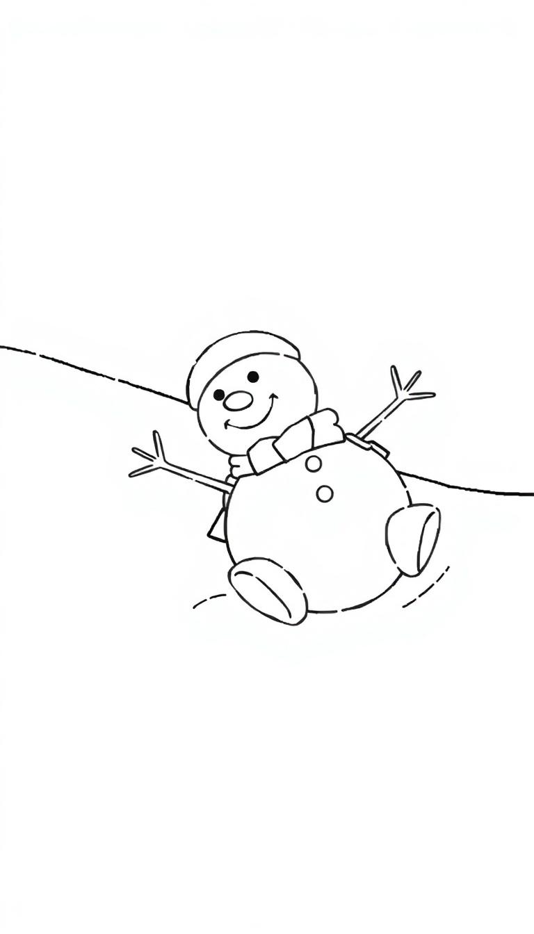 Kleurplaat van een lachende sneeuwpop die van een berg afrolt met zijn hoofd los, getekend in zwart-wit.