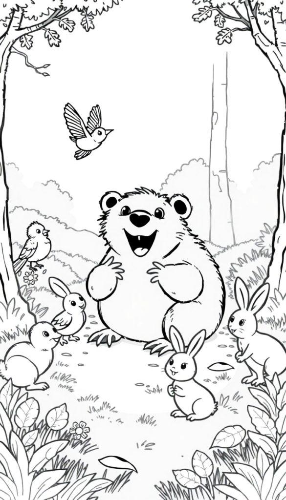 Kleurplaat van een vrolijke beer, konijntjes en vogels in een bos, perfect voor kinderen om in te kleuren.