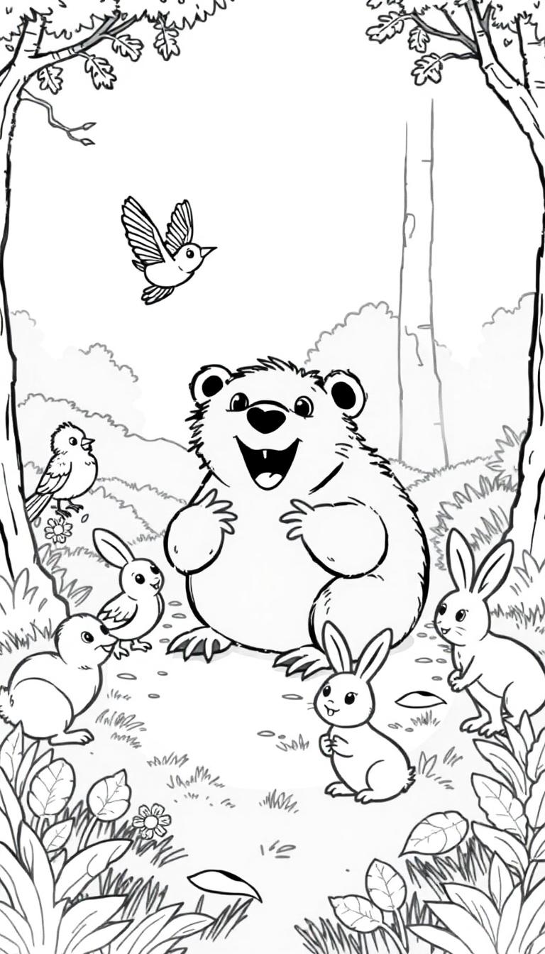 Kleurplaat van een vrolijke beer, konijntjes en vogels in een bos, perfect voor kinderen om in te kleuren.