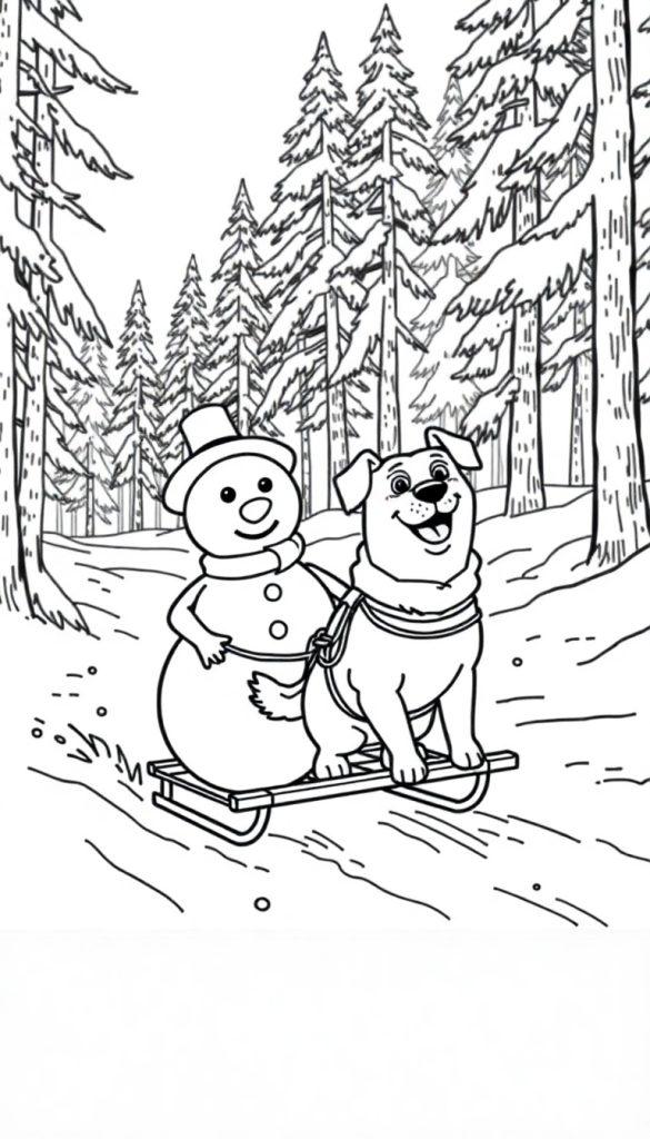 Kleurrijke winterse kleurplaat met een reddingshond, een halve sneeuwman op een slee en een hond die rijdt, omgeven door besneeuwde dennenbomen en een slingerend pad.