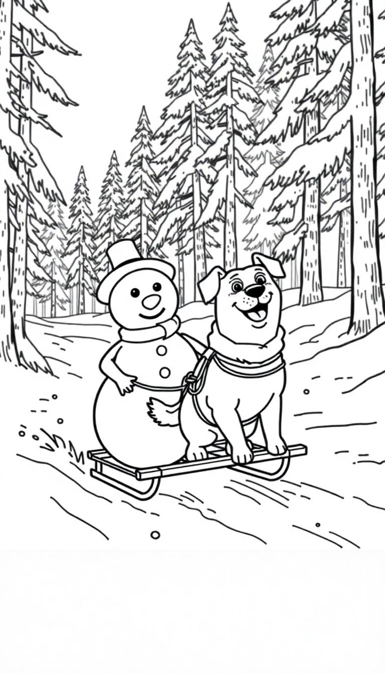 Kleurrijke winterse kleurplaat met een reddingshond, een halve sneeuwman op een slee en een hond die rijdt, omgeven door besneeuwde dennenbomen en een slingerend pad.