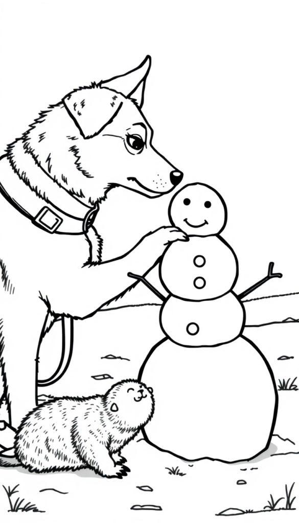 Kleurenplaat van een reddingshond die een kleine sneeuwman ophaalt, terwijl een mol toekijkt, met gras en stenen op de achtergrond.