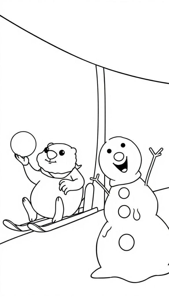 Kleurplaat van een winters tafereel met een sneeuwpop en een dier, samen plezier makend.