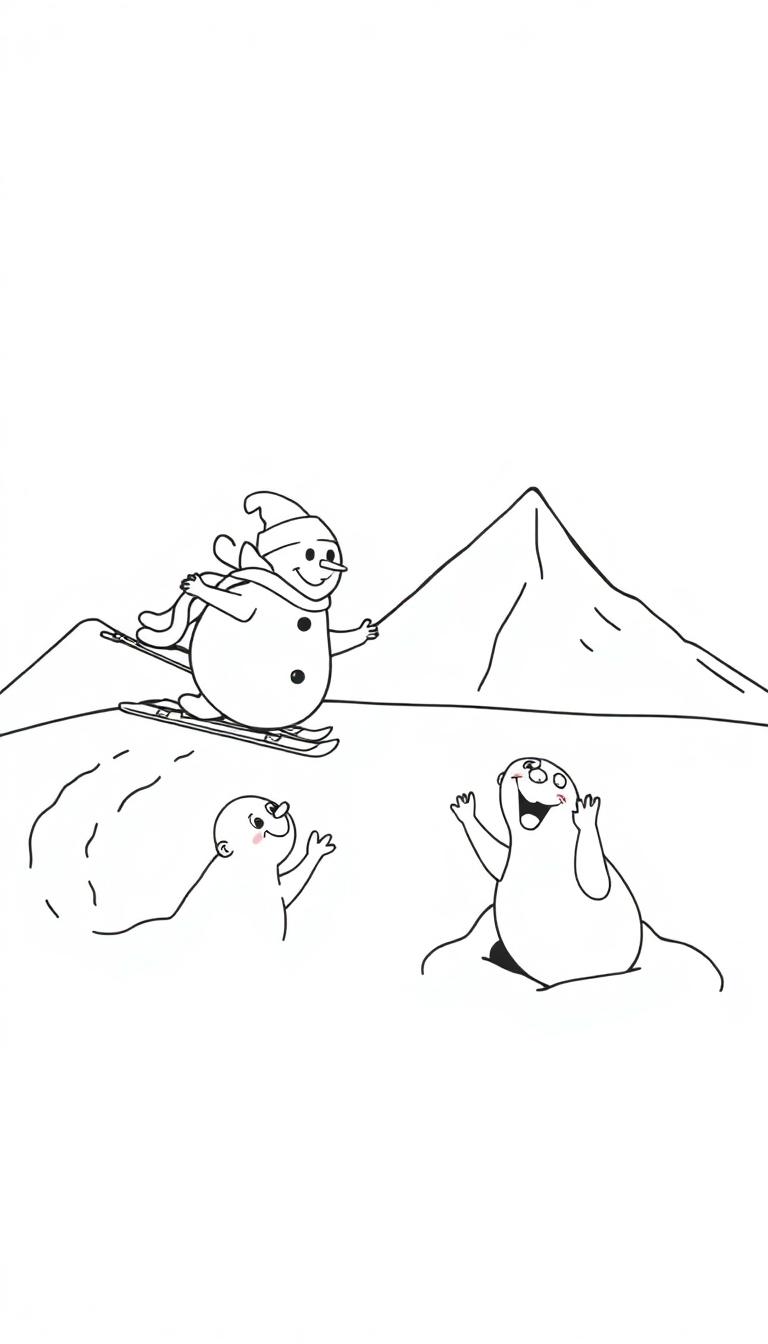 Kleurplaat van een sneeuwscène met een ski-kluis en twee sneeuwfiguren die kijken