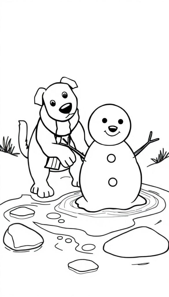 Kleurplaat van een vrolijke speelse hond met sjaal naast een dooiende sneeuwpop in een plas water, op een achtergrond met gras en stenen.