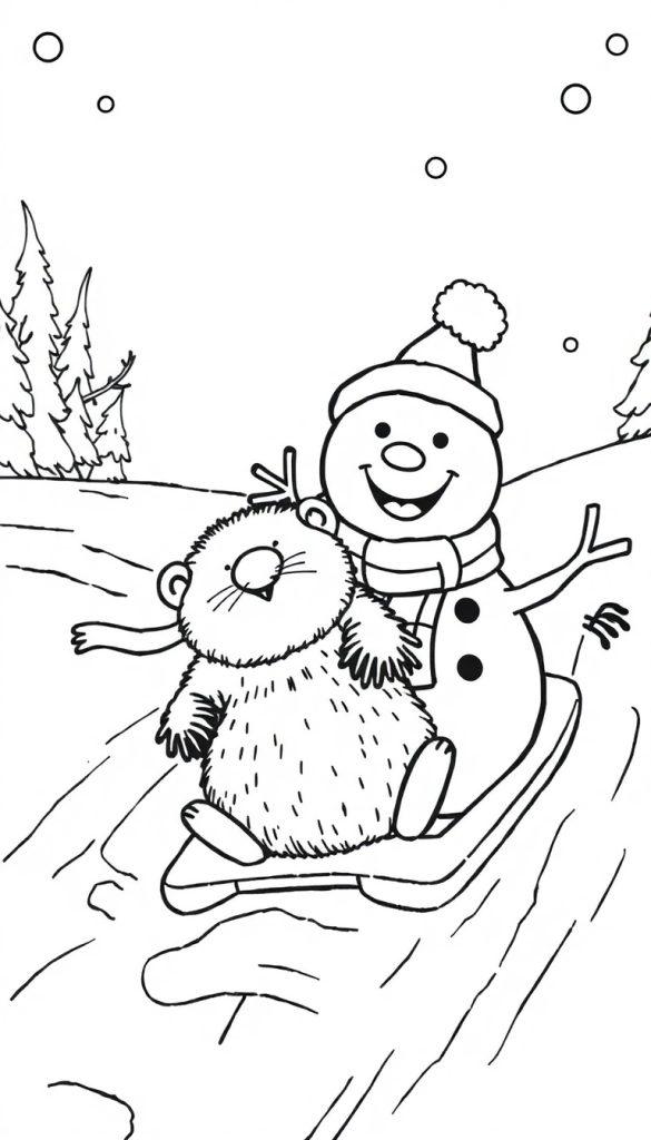 Leuke kleurplaat van een sneeuwpop en een harig knaagdier die samen op een slee door de sneeuw glijden, met bomen en vallende sneeuwvlokken op de achtergrond.