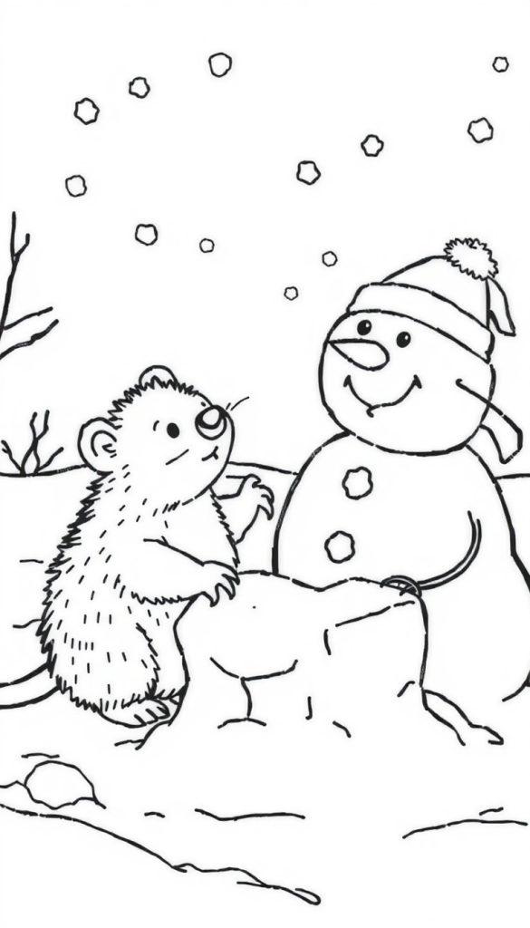 Kleurplaat van een wintertafereel met een sneeuwpop en een klein dier erbij. Het is een gezellige winterse scène met sneeuwvlokken en kale bomen.