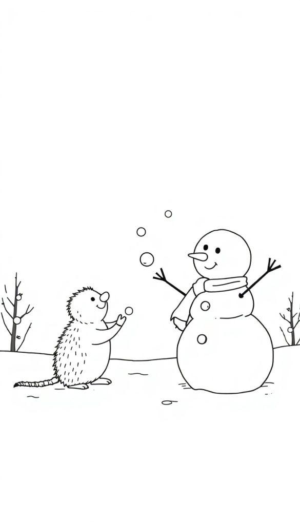 Kleurplaat van een sneeuwpop en een egeltje die samen sneeuwballen gooien in een winterlandschap