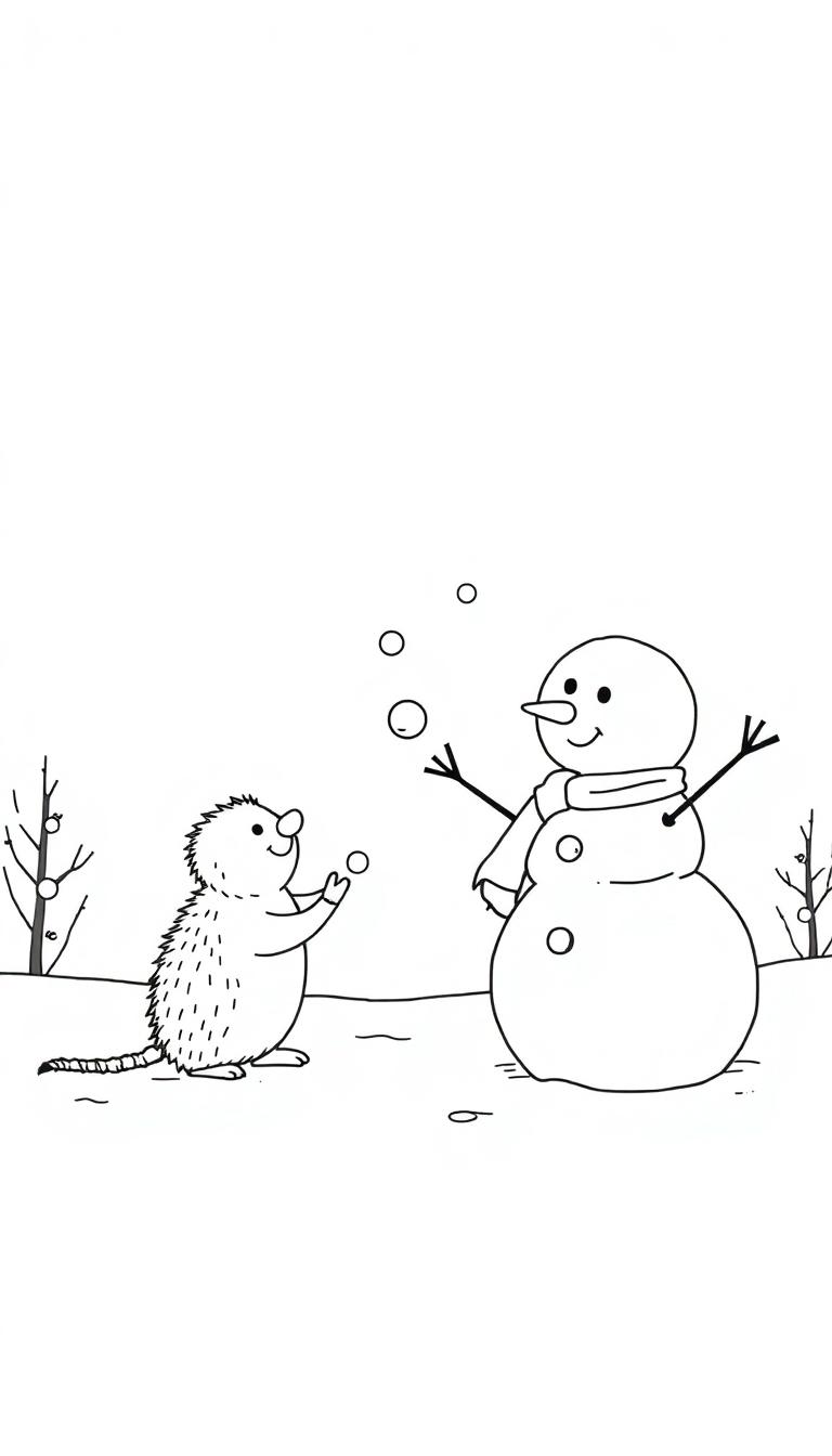 Kleurplaat van een sneeuwpop en een egeltje die samen sneeuwballen gooien in een winterlandschap