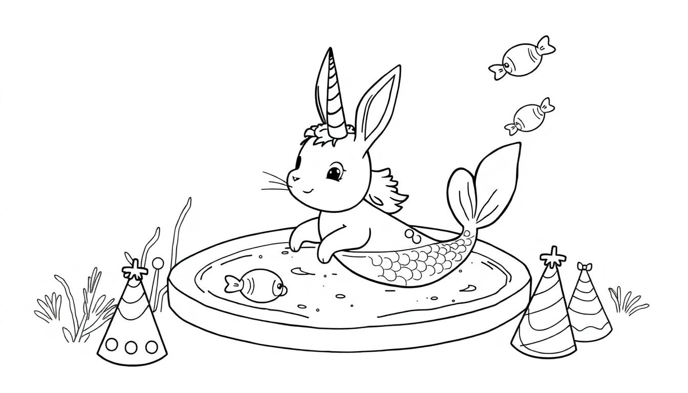 Kleurplaat van een fantasiefiguur die een konijn, een eenhoorn en een zeemeermin combineert, met feesthoedjes en vissen in een waterbassin.